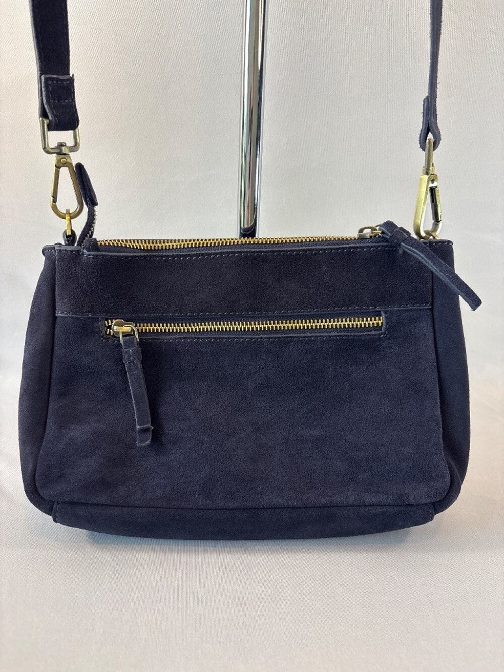 Navy Blue Suede Crossbody Bag Gold Zipper Minimalist Shoulder Purse